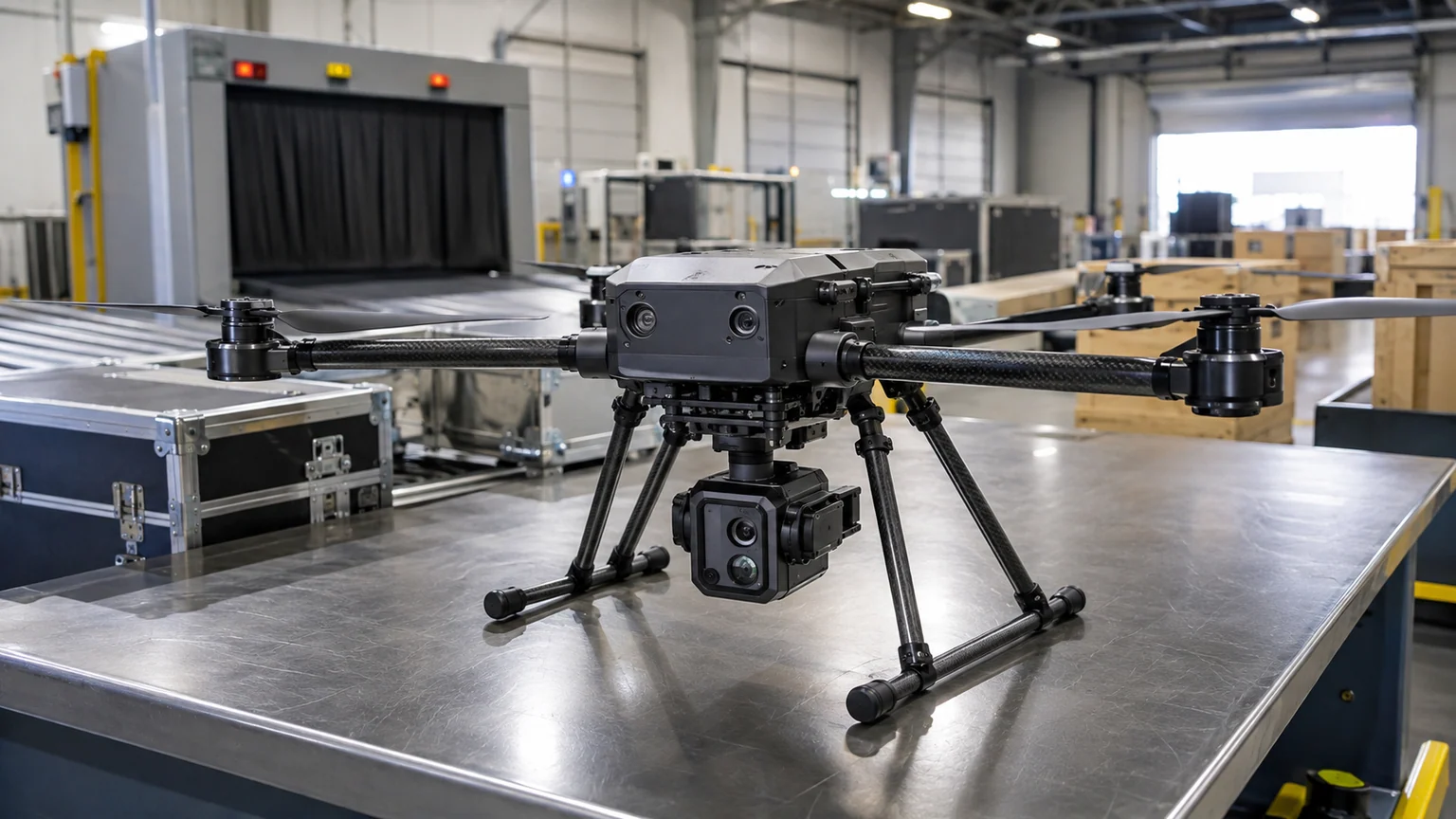 Taxe douane sur les drones importés — drone industriel à caméra thermique posé sur une table d’inspection dans un hangar de fret.