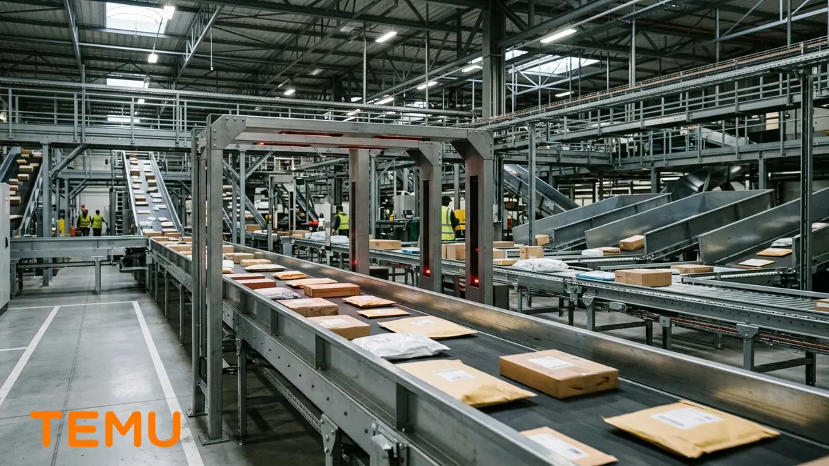 Recul des commandes sur les plateformes comme Temu — ligne de tri automatisée et paquets compacts sur un convoyeur industriel dans un entrepôt, logo officiel en incrustation.