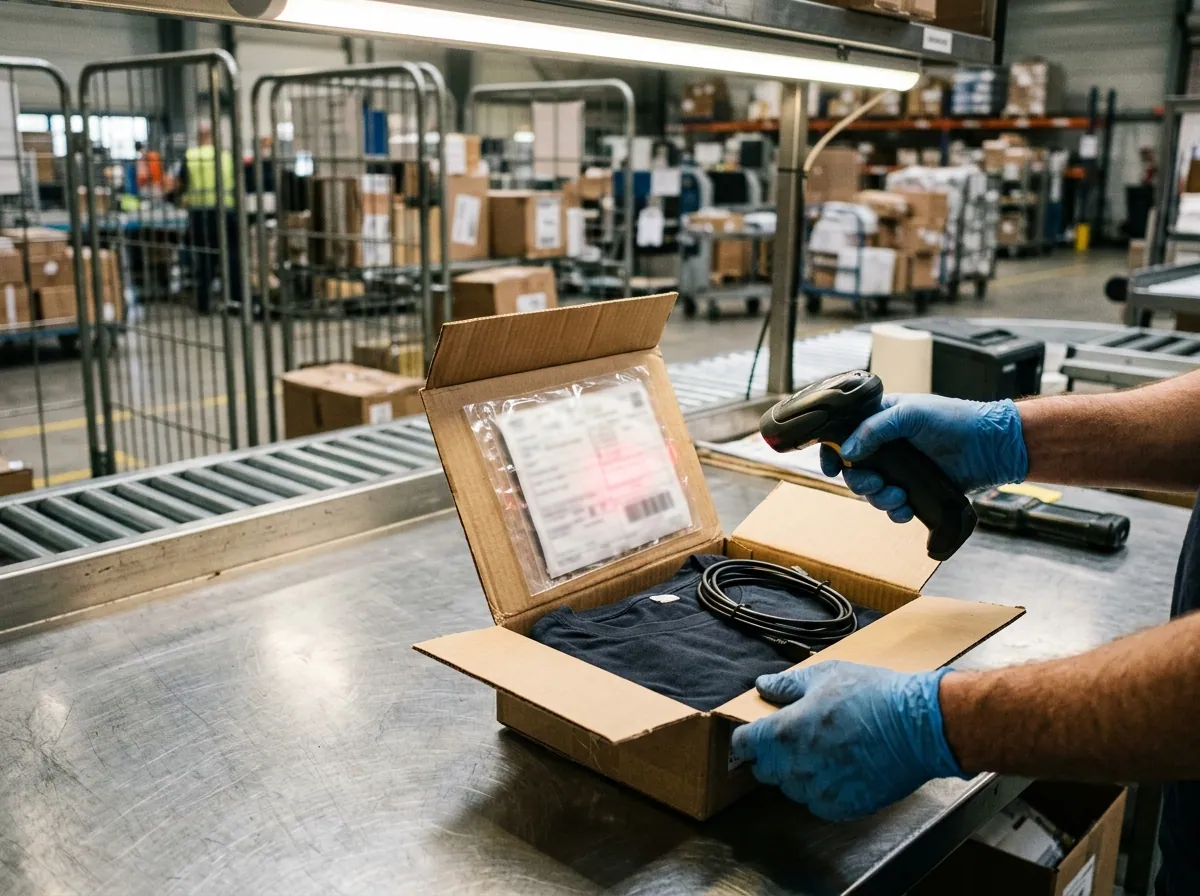 Taxe douanière sur les petits colis importés — contrôle par scanner optique d’un paquet ouvert contenant vêtement et câble sur une table d’inspection en fret aérien.