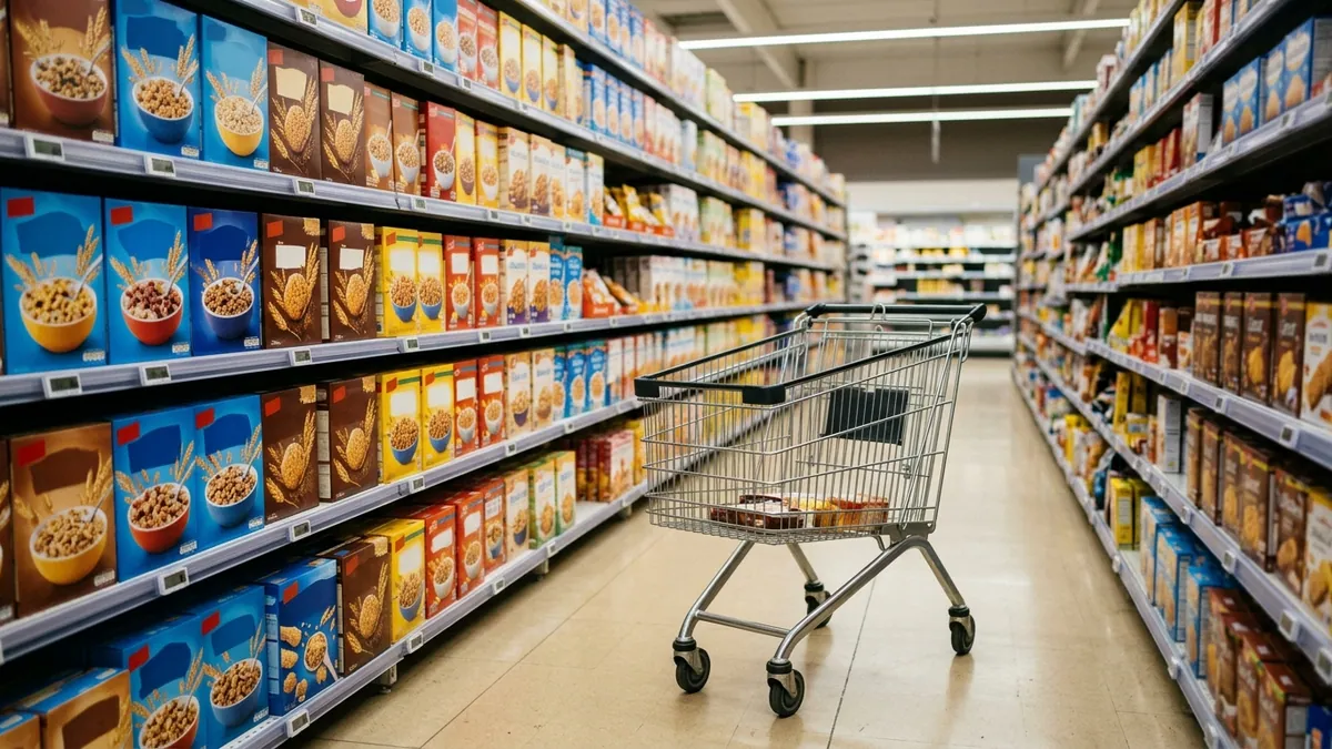 Taxe sur les produits sucrés envisagée pour 2027 — rayon de supermarché garni de boîtes de céréales et de gâteaux secs avec un chariot métallique au premier plan.