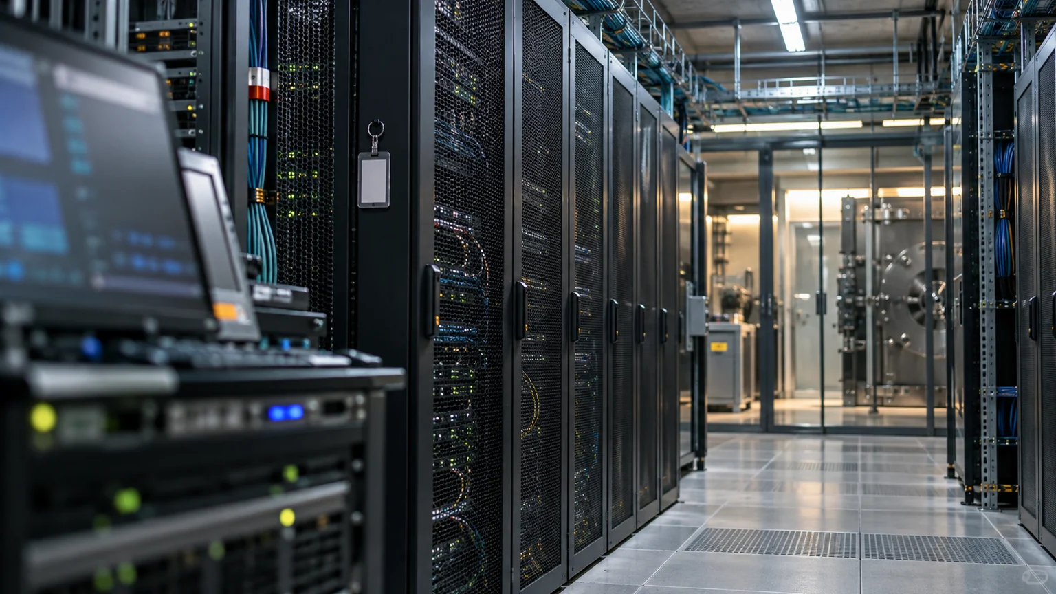 Taxe sur les transactions financières — rangée de serveurs et de baies techniques dans une infrastructure de règlement-livraison française.