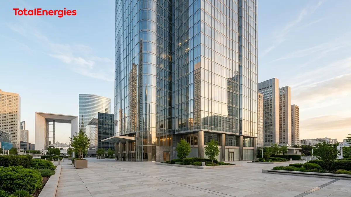 Feuille de route financière de TotalEnergies — tour vitrée à La Défense sous la lumière matinale et esplanade minérale, avec le logo officiel de la marque en haut à gauche.