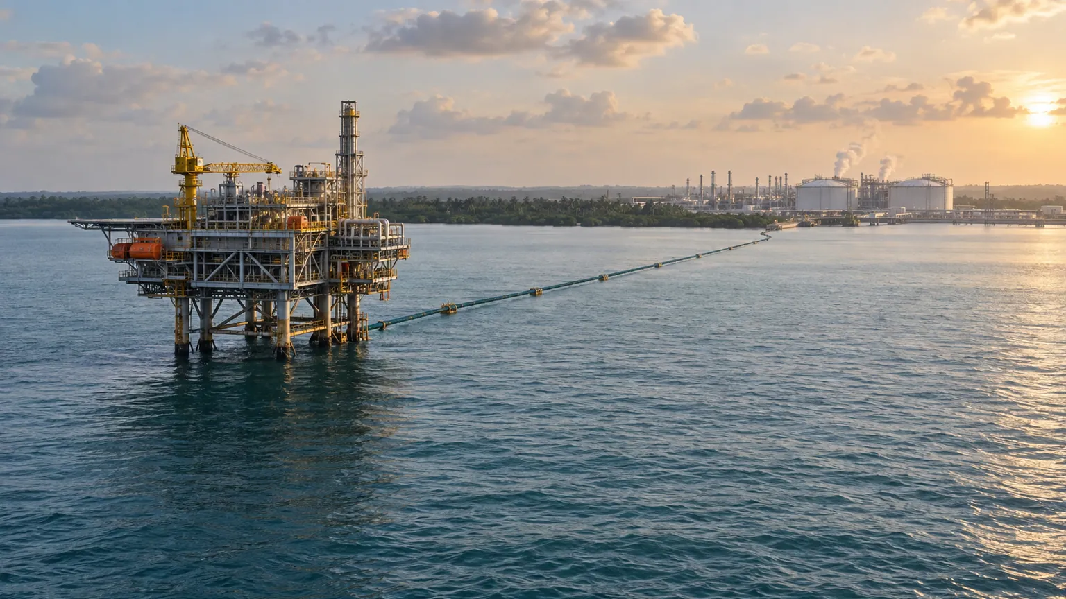 TotalEnergies lance le projet gazier d’Ima au Nigeria — plateforme offshore unique reliée par un gazoduc visible à une usine de liquéfaction sur la côte de Bonny.