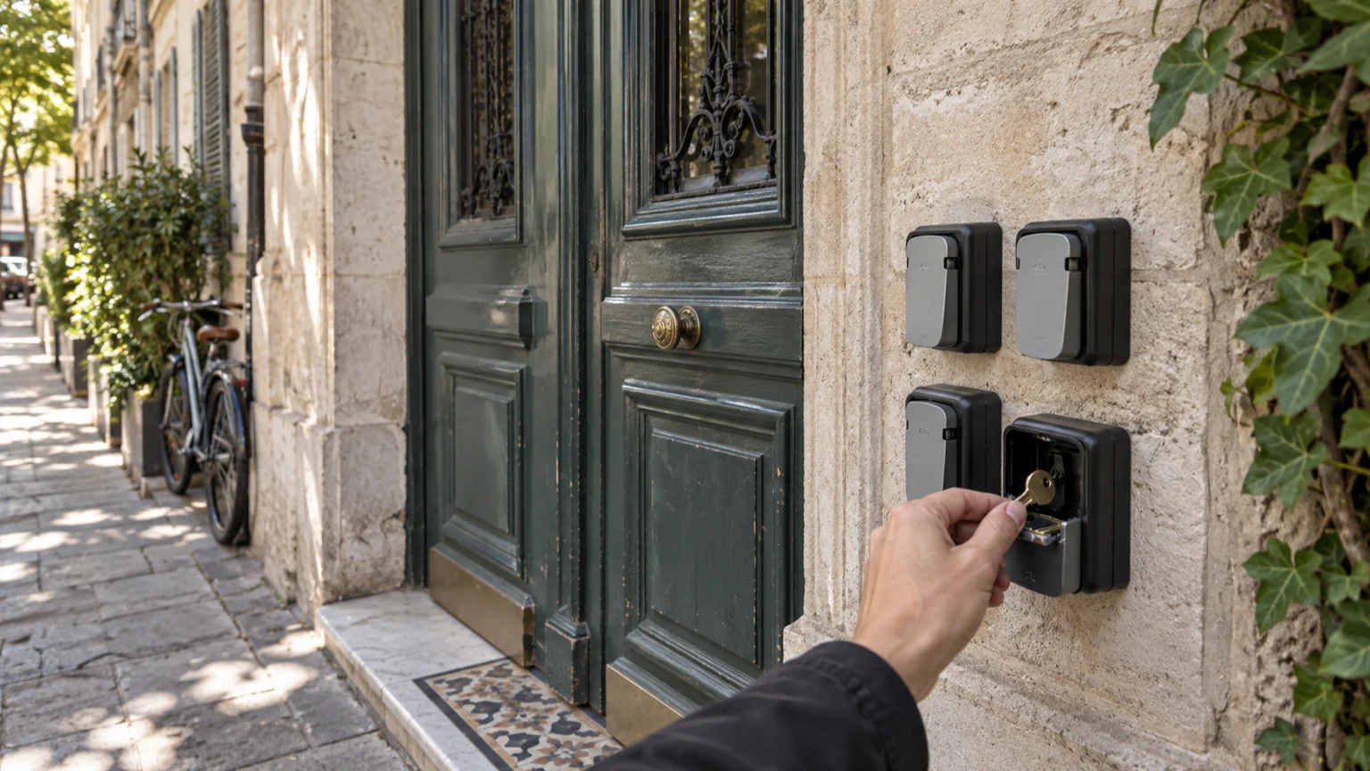Règles de l’UE pour les locations de courte durée — entrée d’immeuble européen avec quatre boîtes à clés et une main déposant une clé.