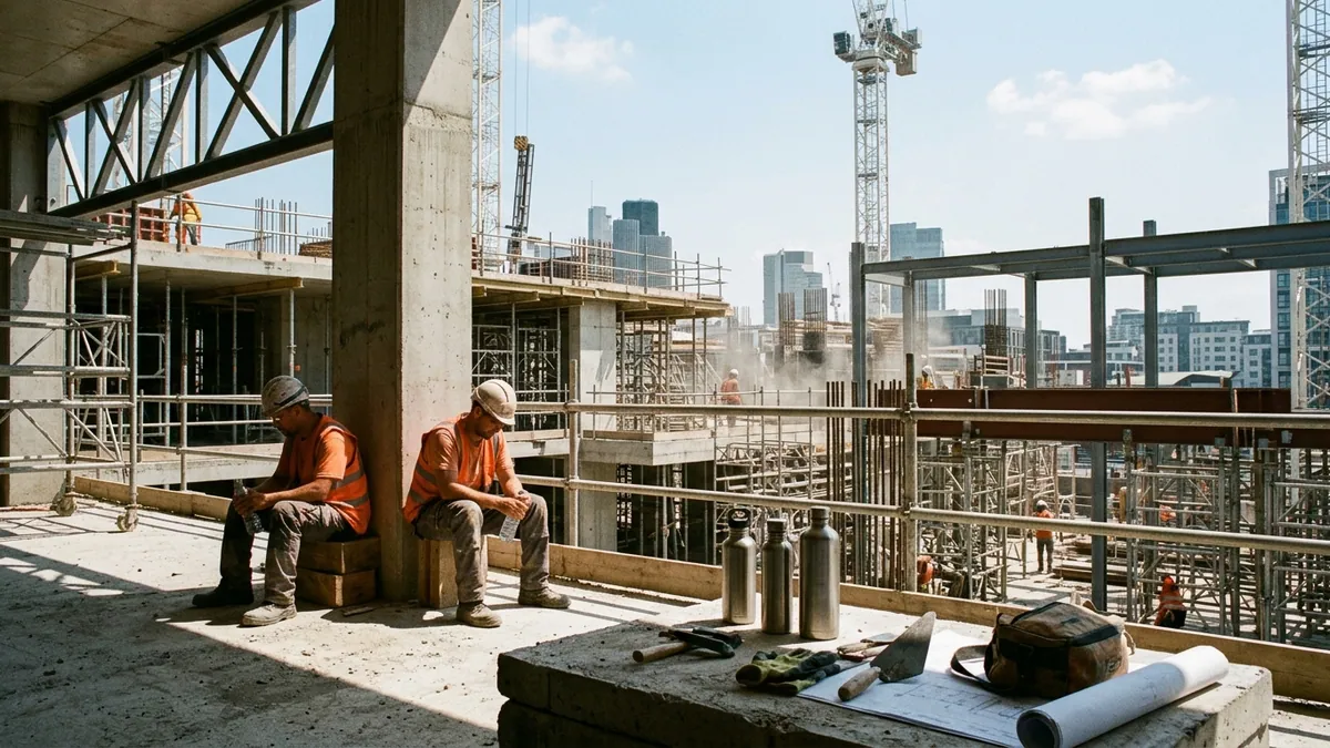 Chaleur accablante et ralentissement de l'activité économique — deux ouvriers casqués assis à l'ombre d'une dalle en béton sur un chantier urbain exposé au soleil de midi.
