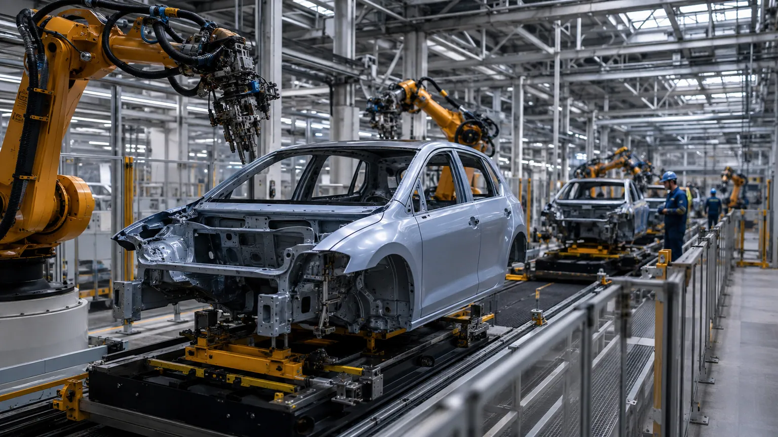 Volkswagen et ses postes en moins — carrosserie en cours d’assemblage sur convoyeur, robots industriels et opérateurs au travail dans une usine allemande.