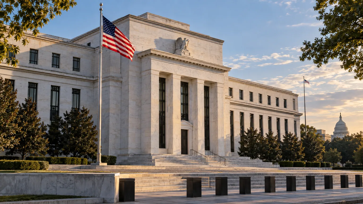 Baisse de Wall Street après la Fed — façade illustrée d’une banque centrale à Washington, drapeau américain au vent et lumière de fin d’après-midi.
