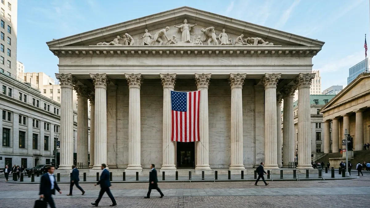 Wall Street dans le rouge à l'ouverture — colonnade néoclassique et grand drapeau américain sur le parvis de la bourse de New York par une matinée ensoleillée.