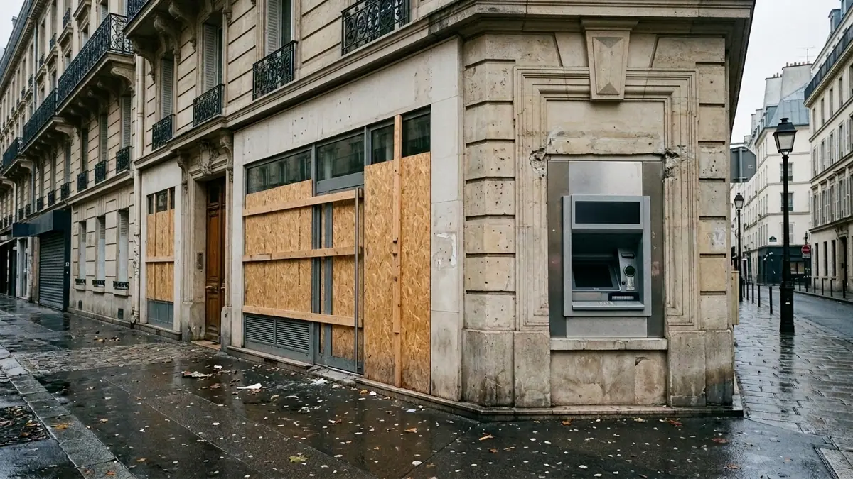 Dégradations d'agences bancaires après les manifestations — devanture de centre-ville aux vitrines couvertes de panneaux de contreplaqué et distributeur d'espèces hors service.