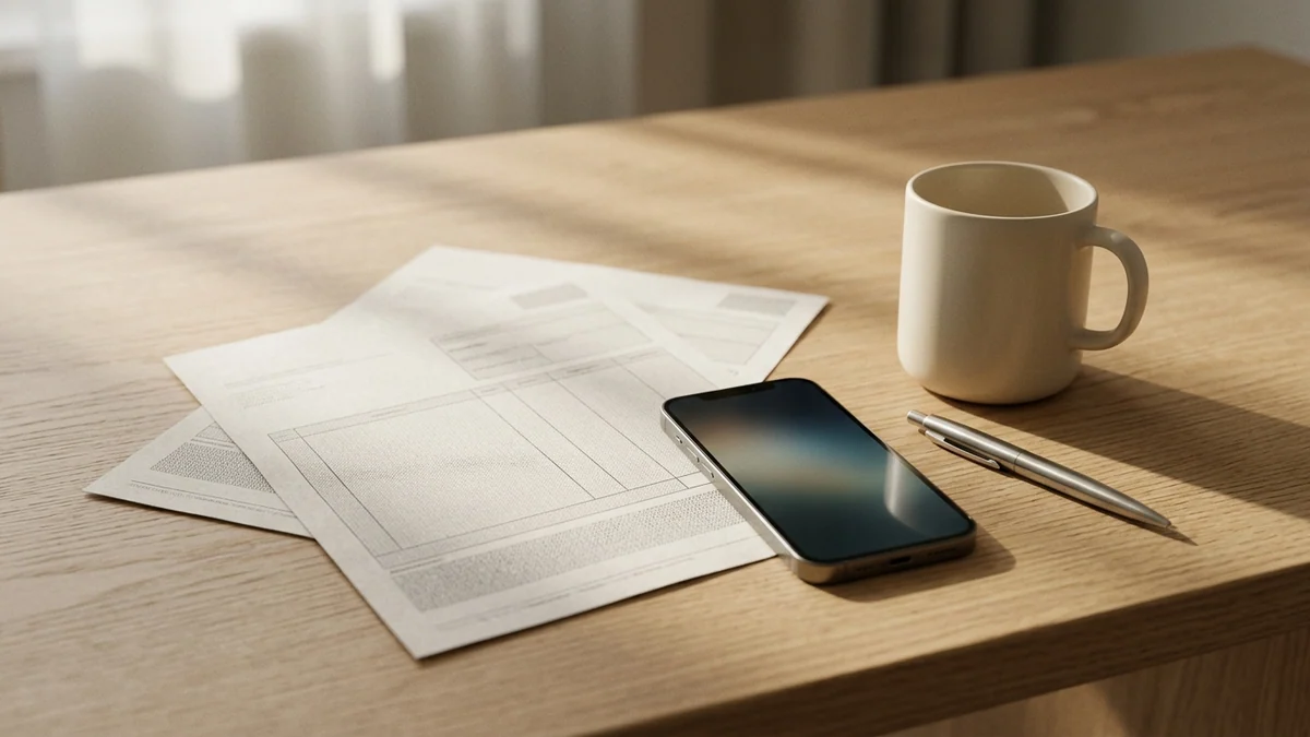 Recours à l'acompte sur salaire — bulletin de paie posé sur une table en bois clair près d'un smartphone, d'une tasse en céramique et d'un stylo en métal sous une lumière matinale.