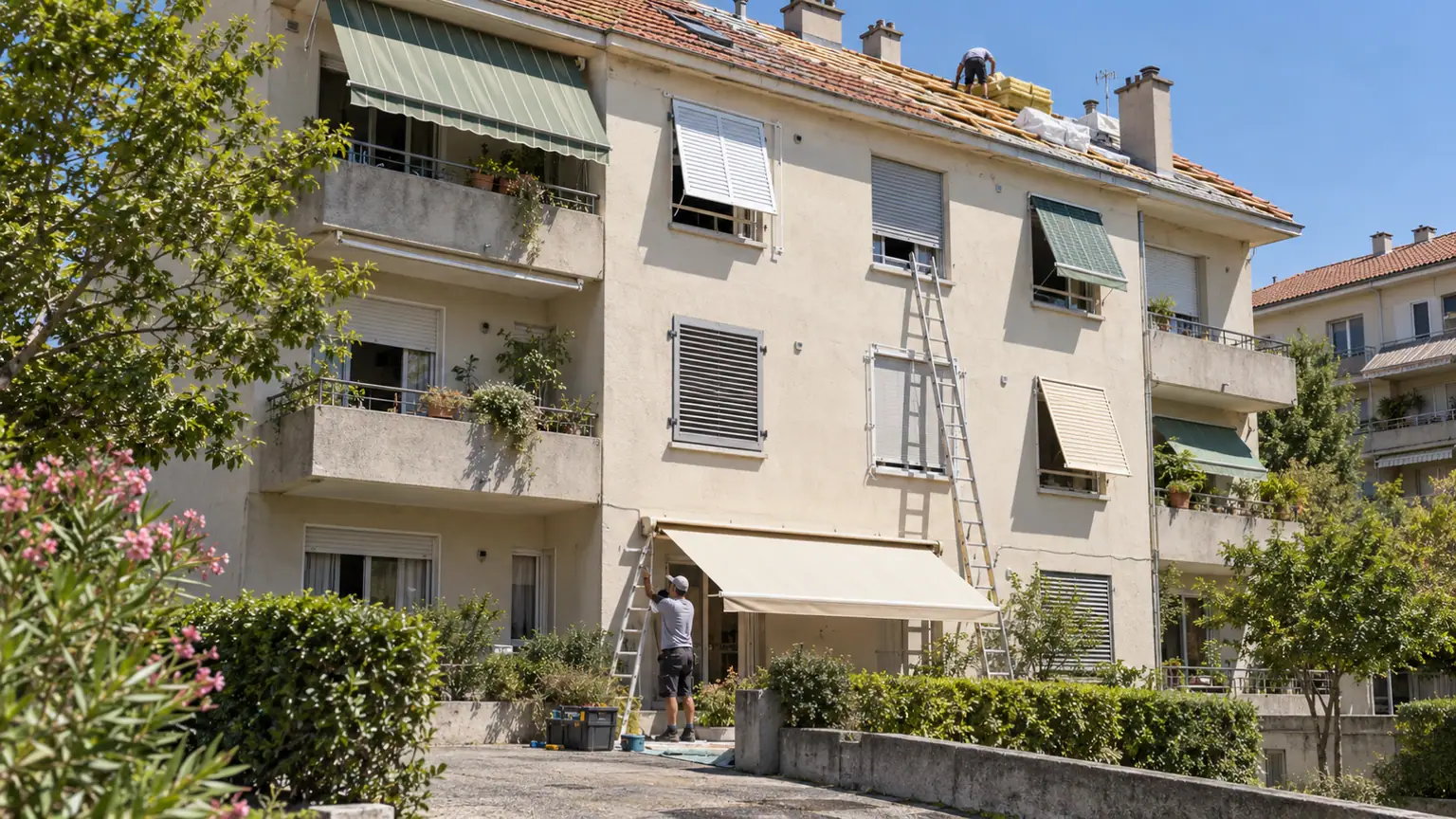 Adaptation des logements français aux canicules — façade d’un immeuble résidentiel sous un soleil intense, protections solaires posées sur plusieurs fenêtres et artisan anonyme au rez-de-chaussée.