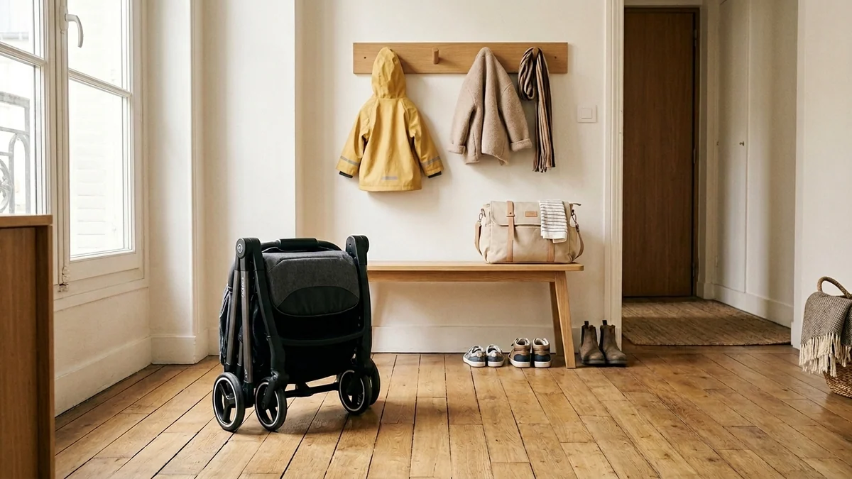 Allocations familiales pour le premier enfant — poussette pliée sur un parquet en chêne clair et vestiaire d'entrée baigné de lumière naturelle.