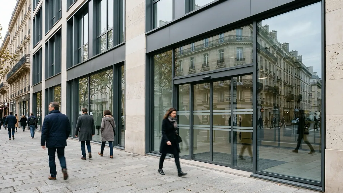Assurance chômage sous tension budgétaire — façade vitrée et moderne d'un immeuble administratif avec passants sur le trottoir parisien en automne.