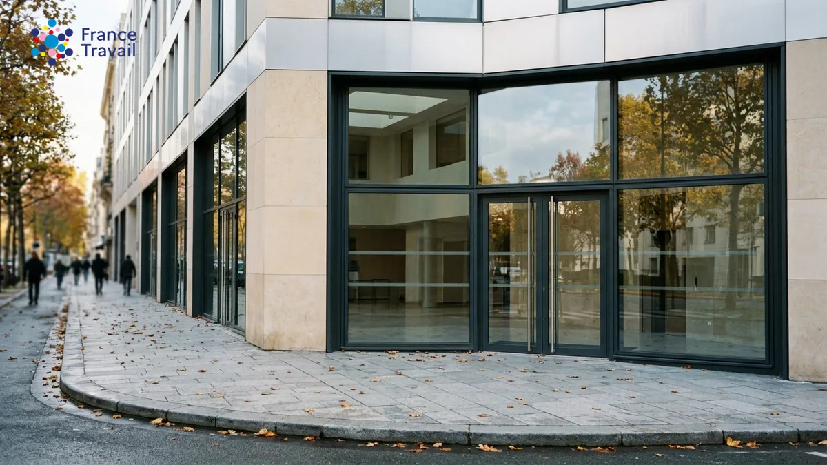 Assurance chômage et financement des agences pour l'emploi — façade vitrée contemporaine d'un bâtiment administratif avec le logo officiel de France Travail en surimpression.