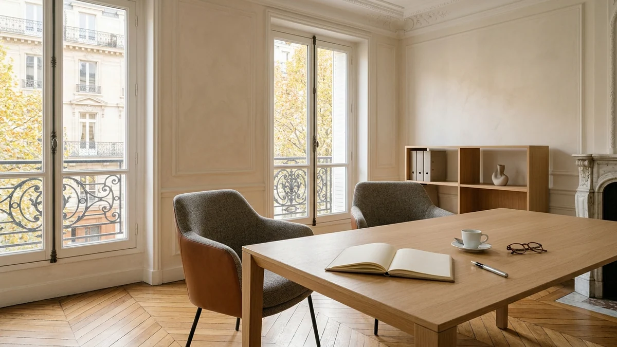 Souscription d'assurance-vie en agence de gestion de patrimoine — bureau en chêne clair, fauteuils de conseil et fenêtre donnant sur un immeuble haussmannien.
