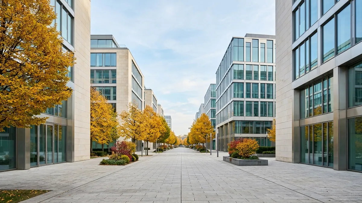 Démocratisation de l'assurance-vie luxembourgeoise — façades vitrées contemporaines du quartier financier du Kirchberg bordées d'arbres d'automne sous un ciel clair.