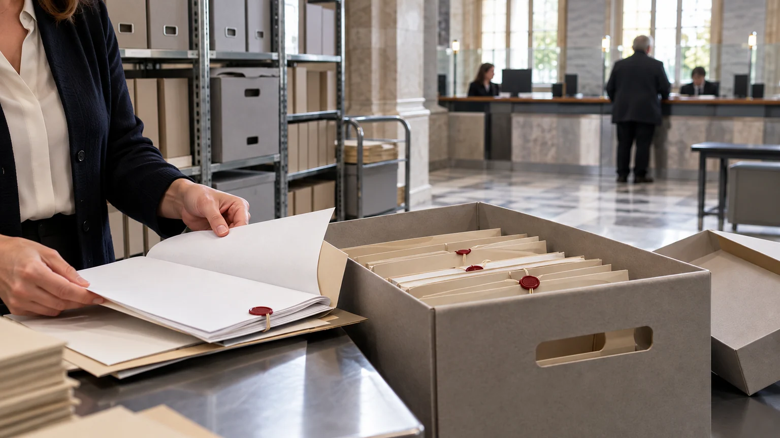 Avoirs oubliés et prélèvement prévu — archives institutionnelles, dossiers vierges scellés et mains vérifiant une demande de restitution dans un espace administratif français.