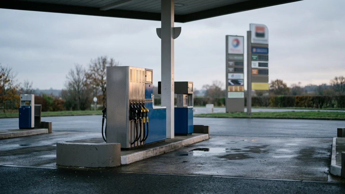 Prix du gazole à la pompe en France — pistes de ravitaillement d'une station-service au crépuscule d'automne, pistolets de distribution sur les bornes et asphalte humide.