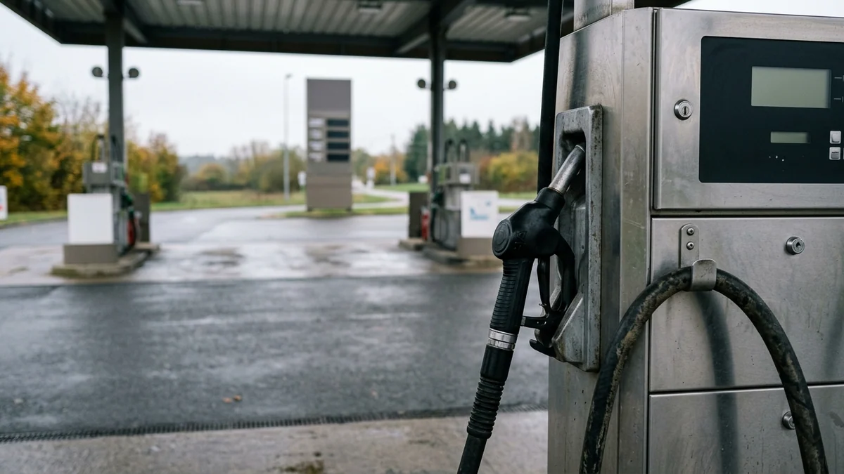 Gazole et calendrier du rabais à la pompe — pistolet de distribution noir reposant sur sa borne sous l'auvent d'une station-service au petit matin.