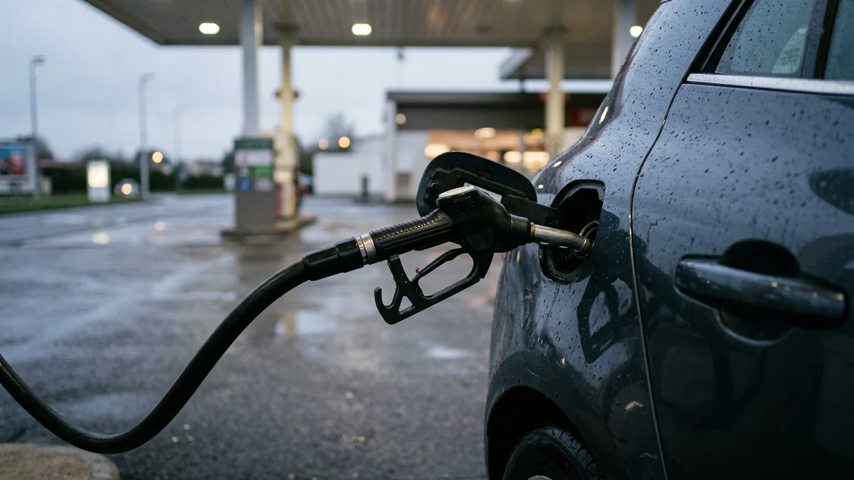 Baisse du prix du gazole pour les automobilistes — pistolet noir de distribution de diesel inséré dans le réservoir d'une voiture sur une piste de station-service sous la pluie fine.