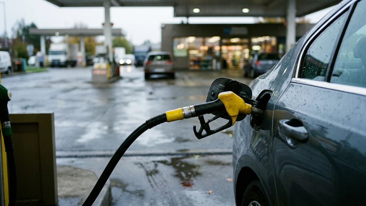 Baisse du prix du gazole en France — pistolet de distribution jaune inséré dans le réservoir d'une voiture sur la piste mouillée d'une station-service.