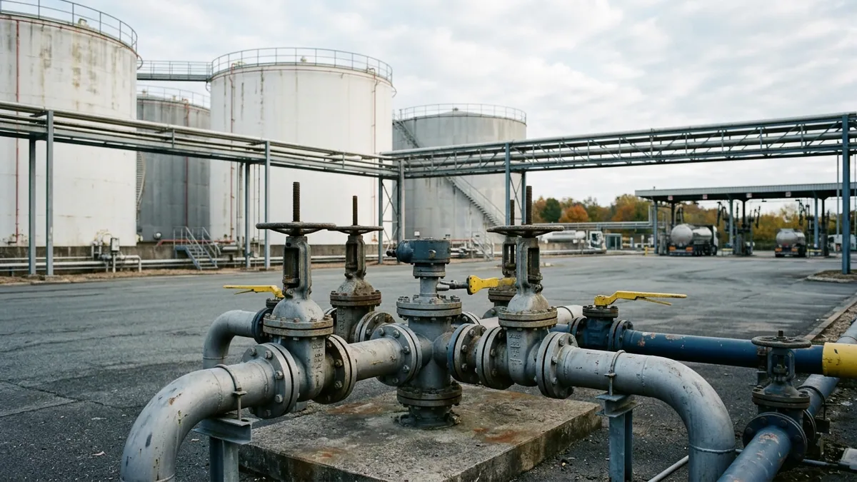 Mobilisation des stocks stratégiques de gazole — collecteur de tuyauteries et vannes métalliques devant de grandes cuves cylindriques dans un dépôt pétrolier.