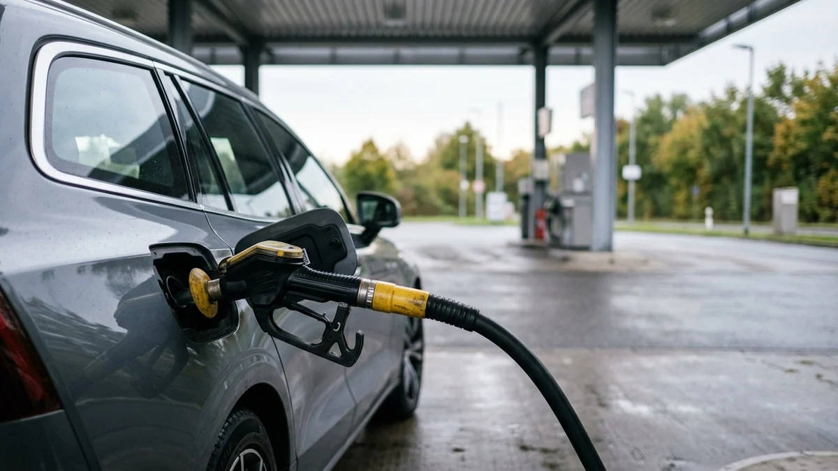 Tarif du gazole à la pompe — pistolet de distribution jaune et noir inséré dans le réservoir d’une voiture dans une station-service au petit matin.