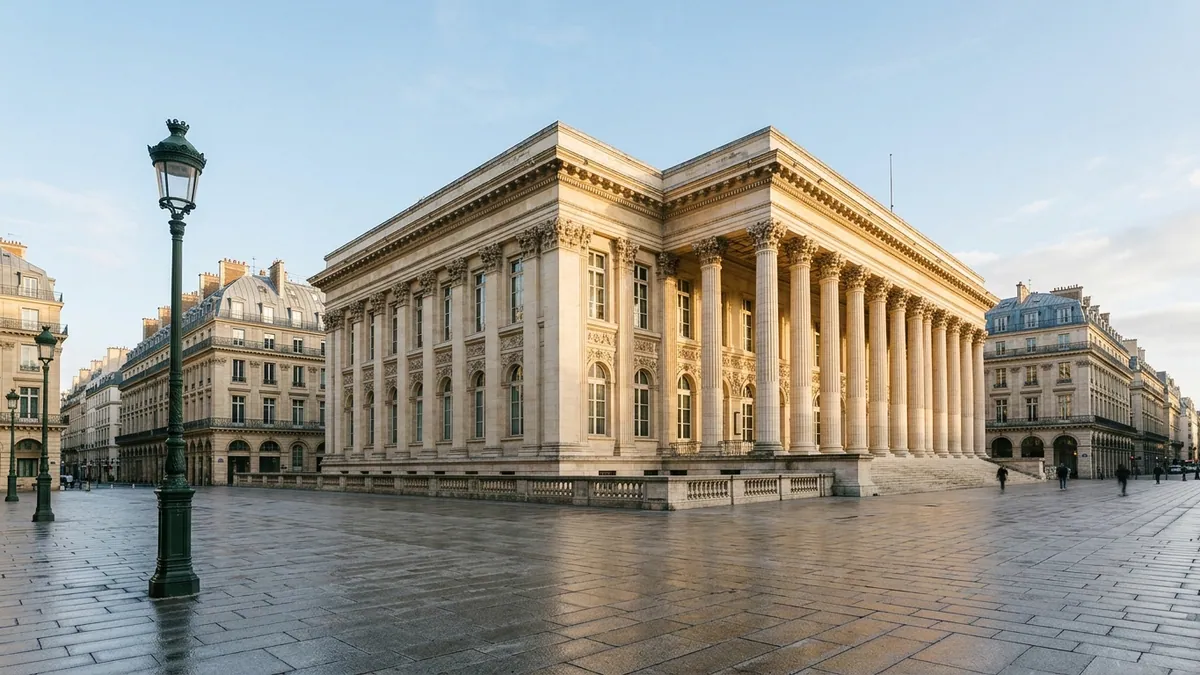 Litige d'arbitrage en bourse sous mandat de gestion — colonnade néoclassique du palais Brongniart et perspective de la place financière à Paris.