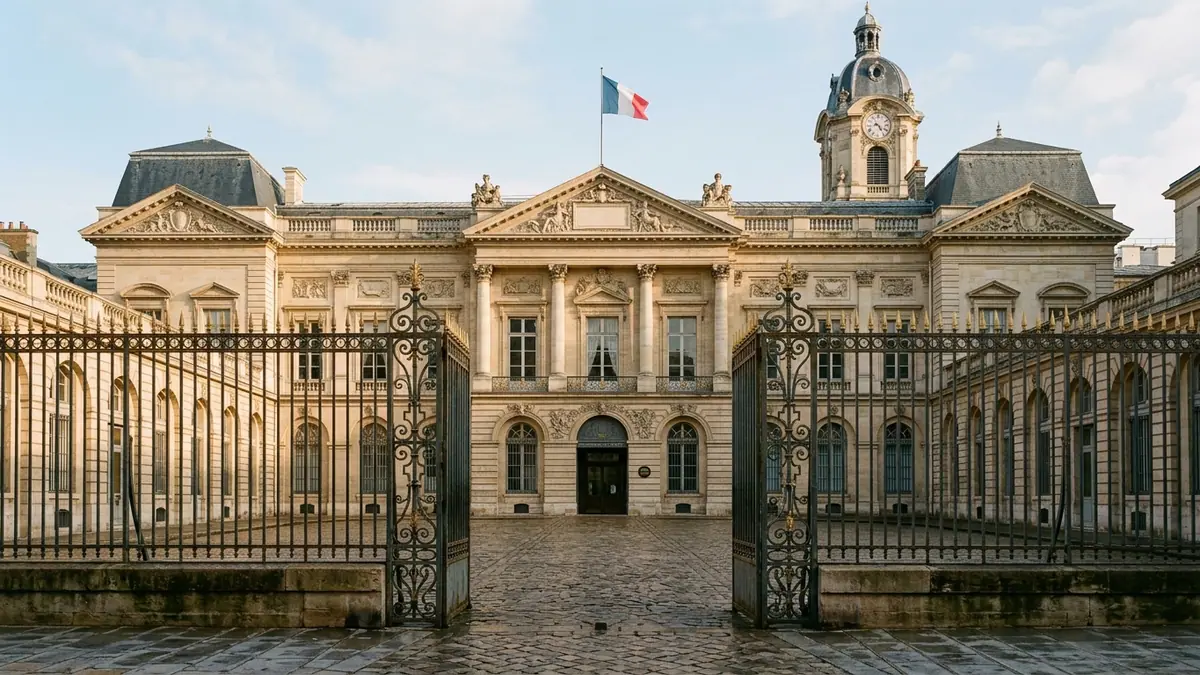 Adoption du budget 2027 et rôle de la Banque de France — façade classique en pierre de taille, cour pavée déserte et grille en fer forgé sous la lumière d'octobre à Paris.