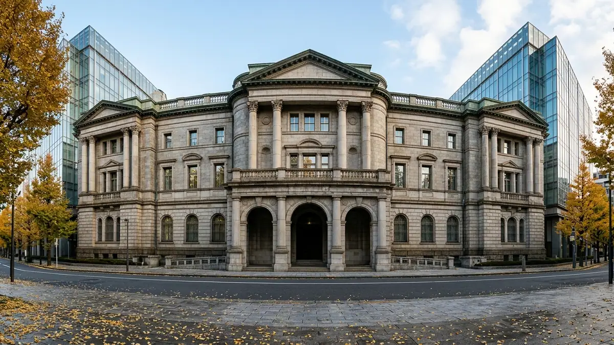 Banque du Japon et taux directeur — façade monumentale en granit clair de style néo-baroque dans le quartier d'affaires de Nihonbashi à Tokyo sous une lumière matinale d'automne.