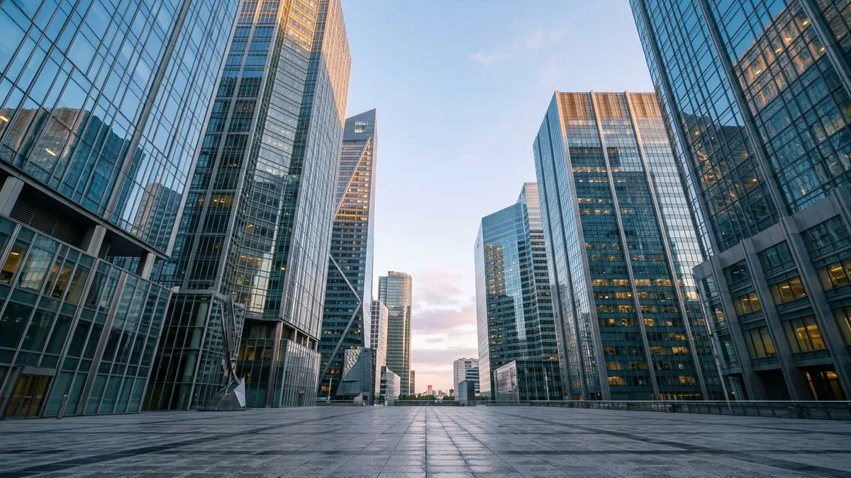 Bénéfices records des banques françaises — façades de tours contemporaines en verre et acier à La Défense sous la lumière de l'aube.