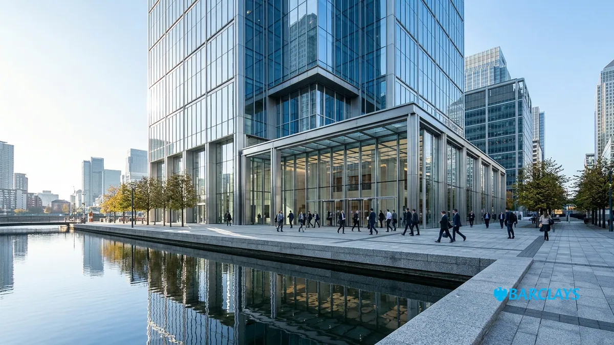 Rachat d'actions et bénéfice trimestriel de Barclays — tour de la banque britannique à Canary Wharf au petit matin, parvis en granit et logo officiel incrusté en bas à droite.