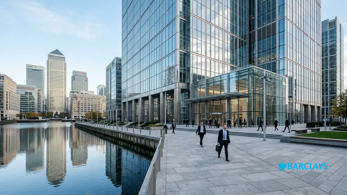 Suppression d’emplois chez Barclays — tour du siège britannique à Canary Wharf au petit matin, parvis en granit et logo officiel incrusté en bas à droite.