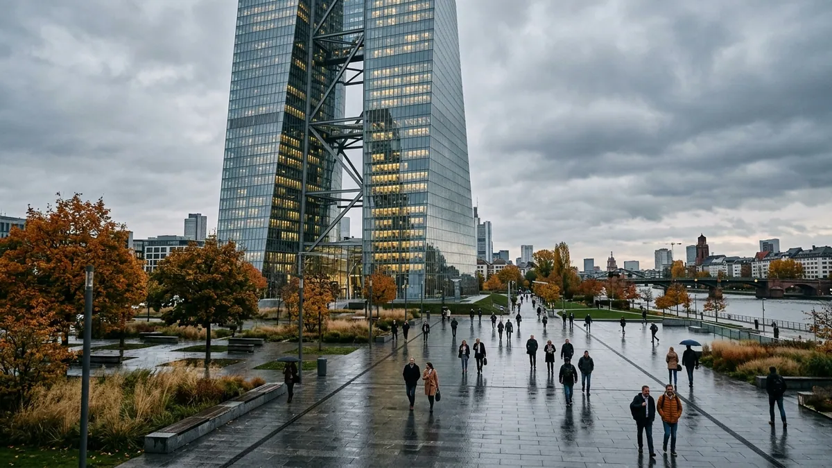 Perspectives sur les taux de la BCE — tours en verre du siège de la Banque centrale européenne à Francfort au bord du Main en automne.