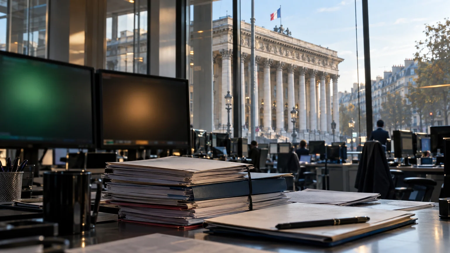 Bourse de Paris et dette sous pression — salle de marché ouverte sur le palais Brongniart, dossiers du Trésor et écrans sans données lisibles.