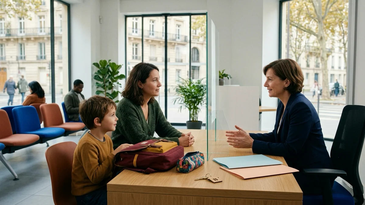 Gel des aides sociales prévu au budget 2027 — mère et enfant reçus au guichet vitré d'un centre d'accueil, cartable scolaire, trousse et clé de logement posés sur le bureau.
