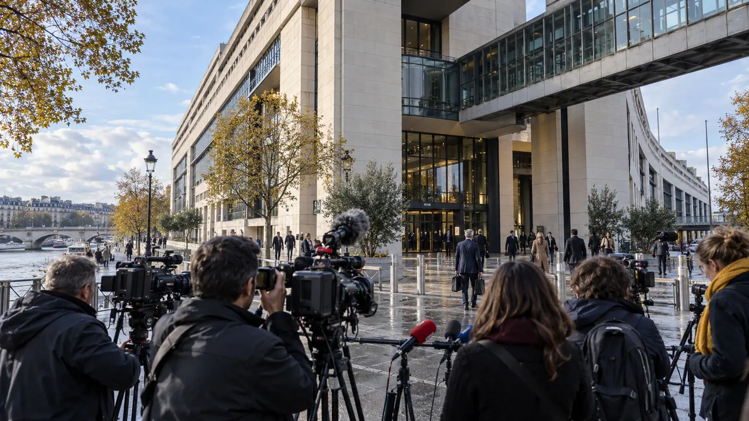 Budget 2027 et déficit public français — ministère de l’Économie à Bercy au bord de la Seine, journalistes et caméras devant l’entrée.