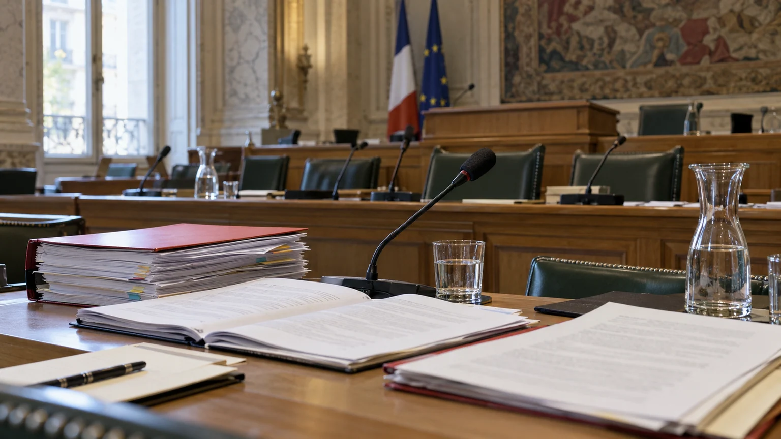 Budget 2027 français — dossiers budgétaires ouverts, micros et pupitres dans une salle institutionnelle française.