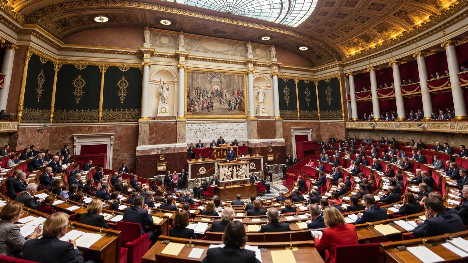 Budget 2027 — hémicycle de l’Assemblée nationale pendant un débat parlementaire, ministre non identifiable au pupitre, députés assis et dossiers ouverts.