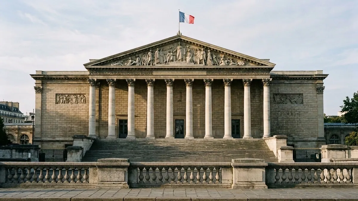 Débats sur le budget de l’État à l’Assemblée nationale — façade et colonnade corinthienne du Palais-Bourbon à Paris sous la lumière matinale d’automne.
