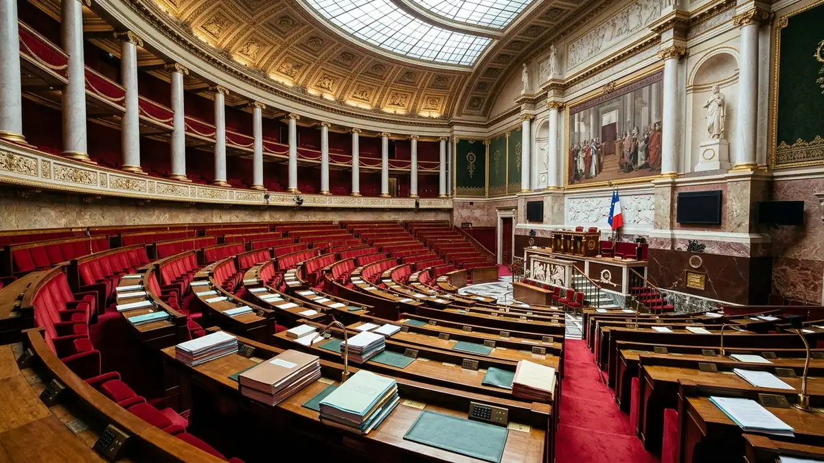 Débats sur le budget 2027 à l’Assemblée nationale — hémicycle du Palais-Bourbon aux gradins de velours rouge et pupitres en bois garnis de dossiers.