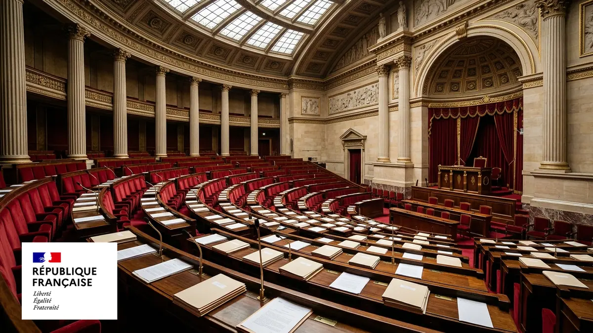 Rejet du volet recettes du budget 2027 — travées en hémicycle et pupitres en bois sous la verrière du Palais Bourbon, bloc officiel de la République française en incrustation.