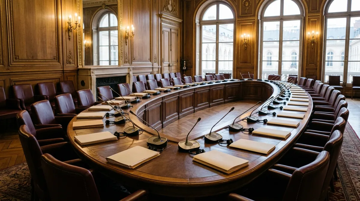 Commission des finances sur le budget 2027 — salle de réunion parlementaire aux boiseries classiques, tables disposées en fer à cheval avec microphones de séance.