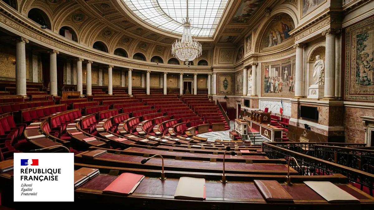 Rejet des rabots sur le budget 2027 — travées en hémicycle et pupitres en bois sous la verrière du Palais Bourbon, bloc officiel avec la Marianne en incrustation.