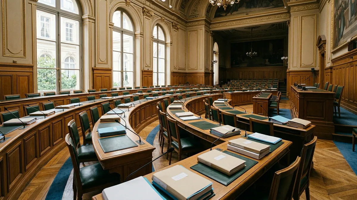 Examen du budget 2027 à l'Assemblée nationale — rangées de bancs et microphones de travail dans une salle parlementaire aux boiseries classiques sous une lumière naturelle.