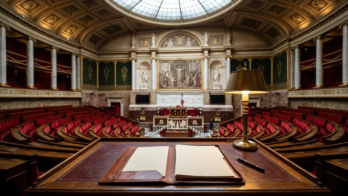 Budget de la Sécurité sociale examiné à l'Assemblée nationale — pupitre parlementaire en bois avec dossier ouvert et rangées de velours rouge dans l'hémicycle.