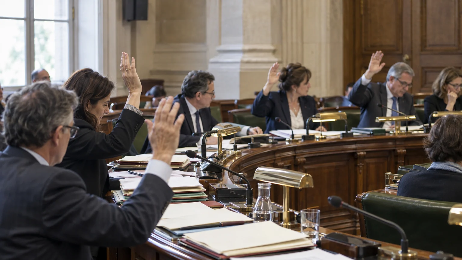 Budget de la Sécurité sociale 2027 — salle de commission parlementaire française, pupitres en bois, microphones et députés non identifiables levant la main.