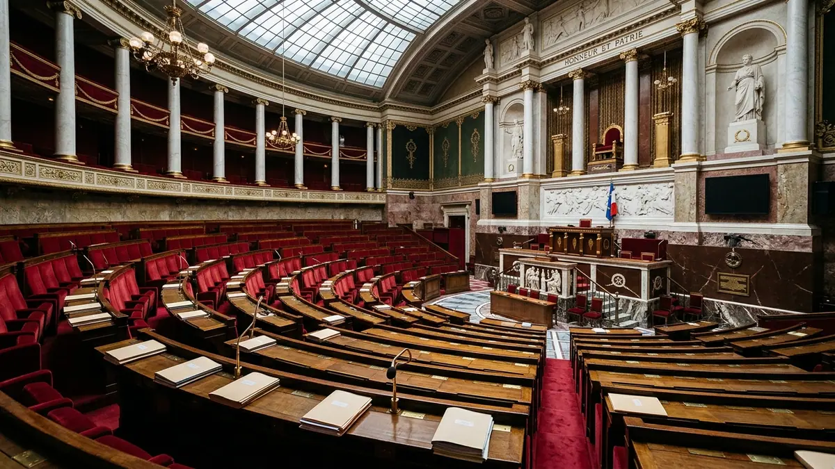 Vote sur les impôts repoussé — travées de velours rouge et pupitres en bois de l'hémicycle de l'Assemblée nationale au Palais-Bourbon à Paris.