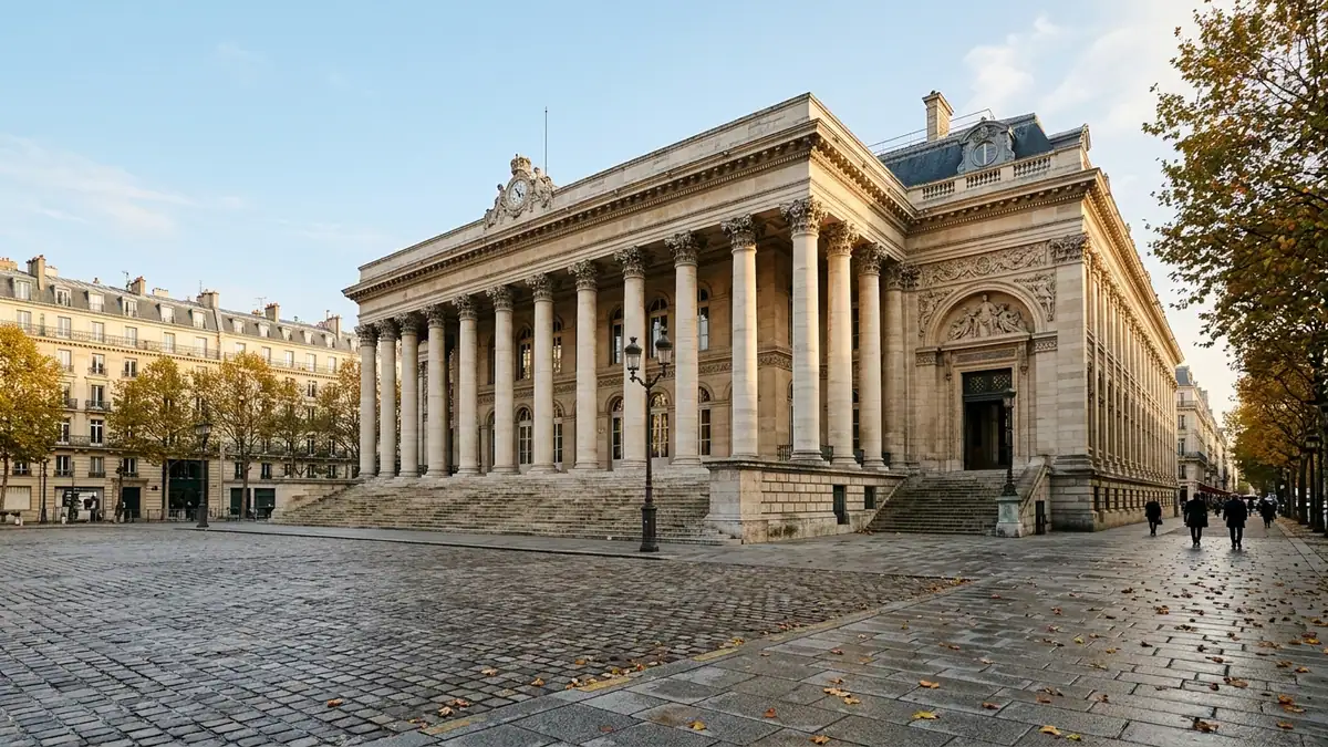 Ouverture du CAC 40 à Paris — colonnade néoclassique et marches du palais Brongniart sous la lumière matinale d'automne.