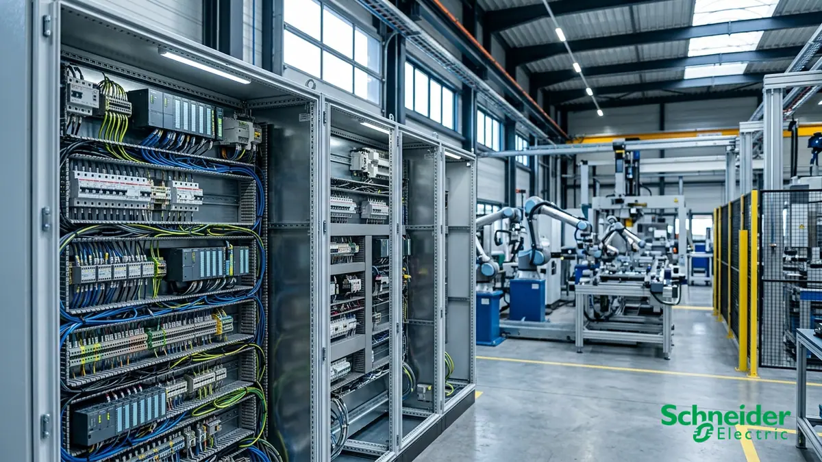 Chute de Schneider en Bourse — armoires d'automatismes industriels ouvertes avec câblages soignés et bras robotisés en usine, logo officiel en bas à droite.